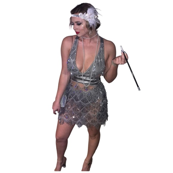 Women's Glitter Sexy Deep V Neck Sequin Beaded Halter Bodycon Mini Party Dress - Picture 2 of 11